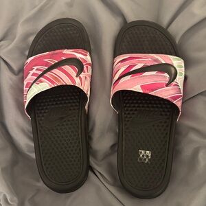 Nike Women's Black and Pink Slide Sandals